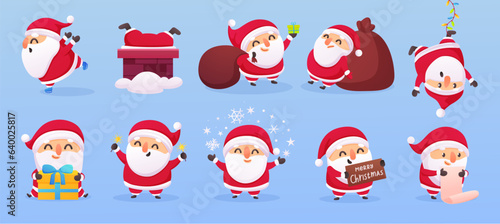 Santas character, santa claus happy funny celebrating christmas and new year. Xmas characters, new year person and gifts nowaday vector set