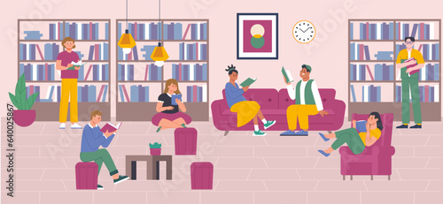 Study groups teens in library, brainstorming teenagers with books. Exam prepare together, people reading books and learning splendid vector concept