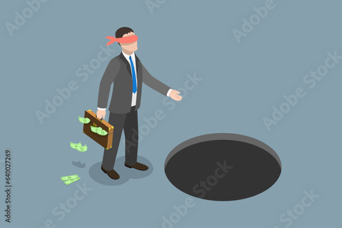 3D Isometric Flat Vector Conceptual Illustration of Money Trap, Businessman Falls into a Pitfall
