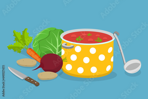 3D Isometric Flat Vector Conceptual Illustration of Borsch, Traditional Ukrainian Cuisine