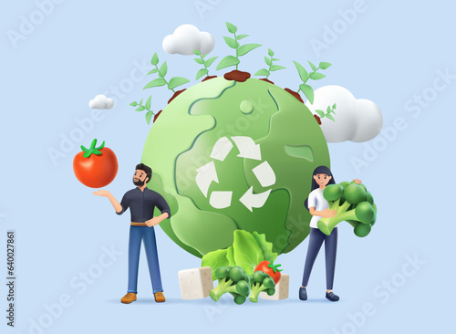 3D Sustainable lifestyle set. People collecting plastic trash into recycling garbage bin, trying to save planet earth and following vegan diet. 3D cartoon vector illustration and icons set