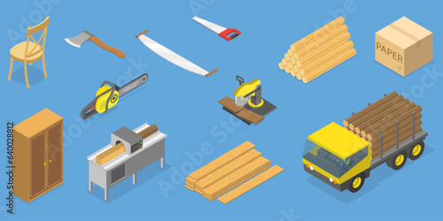 3D Isometric Flat Vector Conceptual Illustration of Wooden Timbered Materials, Natural Lumber, Carpentry Tools