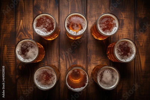 a row of beer glasses lay in a circle on a wood table Generative AI
