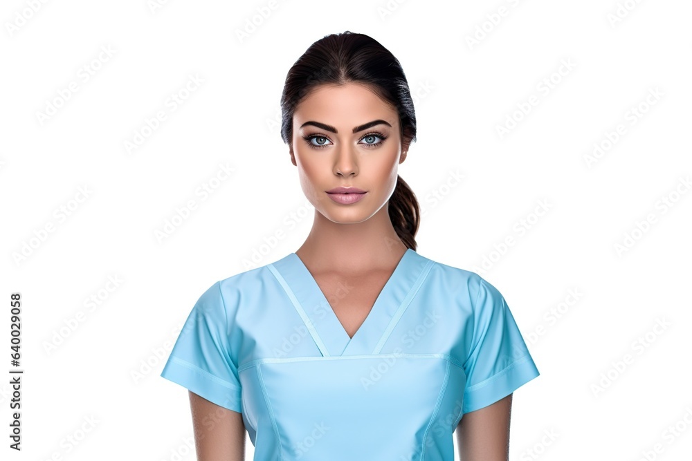 beautiful young brunette nurse posing in front of the camera