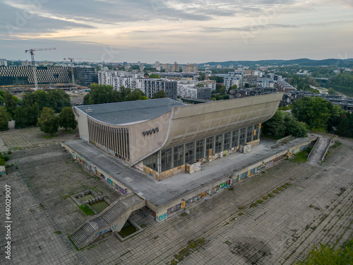 Aerial view of the Soviet Abandoned Palace of Concerts and Sports in Vilnius. Modernism and brutalism from USSR