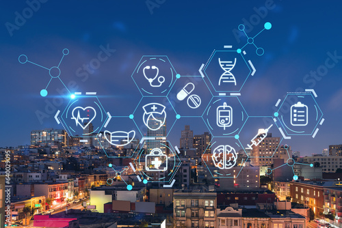 Photography Roof top panoramic city view of San Francisco at night time, midtown skyline, California, United States