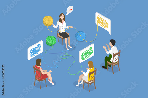 3D Isometric Flat Vector Conceptual Illustration of Solving Interpersonal Problems, Group Psychotherapy