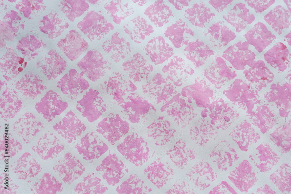Fototapeta premium Pink Sponged Square Pattern on White in Acrylic Paint