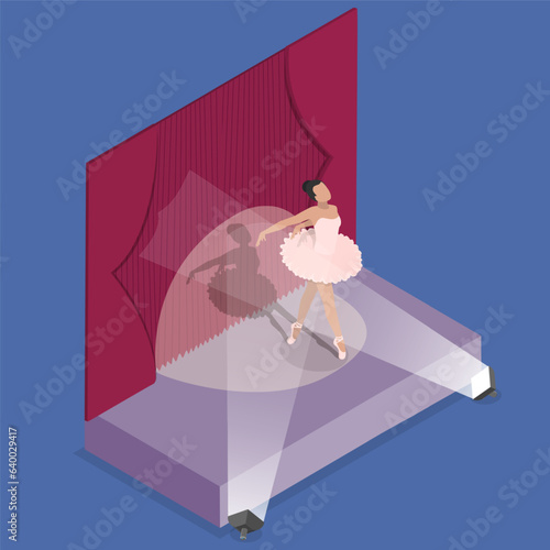 3D Isometric Flat Vector Conceptual Illustration of Ballet Performance, Classic Dancer on Stage
