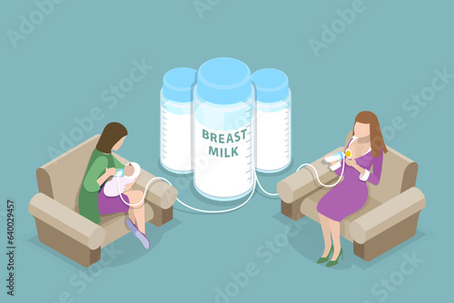 3D Isometric Flat Vector Conceptual Illustration of Breast Milk Donation, Female Donor is Collecting Milk with Pump