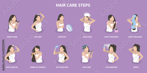 3D Isometric Flat Vector Conceptual Illustration of Hair Care Steps, Instruction How to Wash Hair Properly