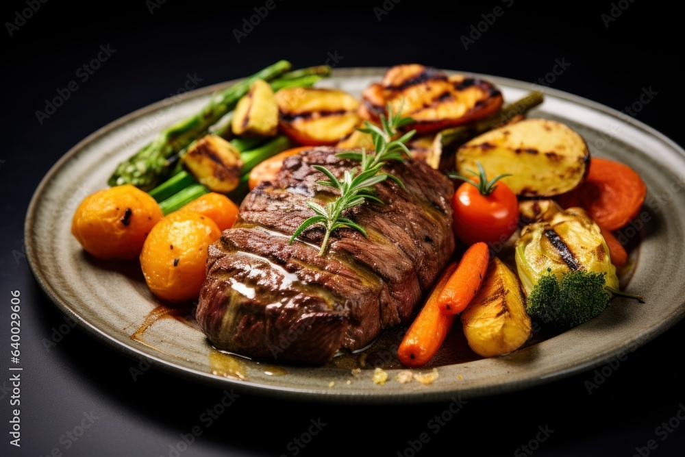 Gourmet Fusion: Succulent Fillet Steak Enhanced by Roast Vegetable Medley
