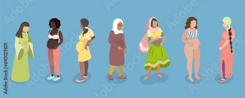 3D Isometric Flat Vector Set of Different Ethnicity And Pregnancy, Maternity and Motherhood