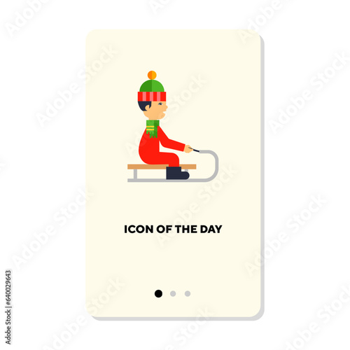 Winter sport flat vector icon. Little boy riding children sleigh isolated vector sign. Sport and activity concept. Vector illustration symbol elements for web design and apps