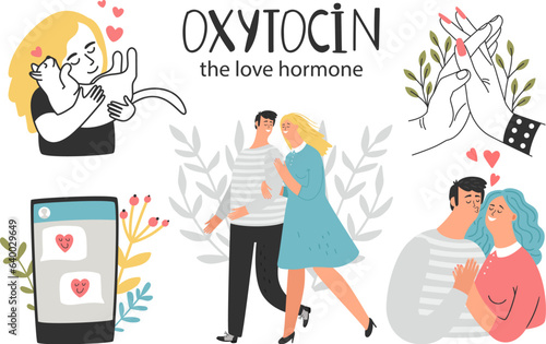 Love hormone, oxytocin hormone health colorful vector illustration