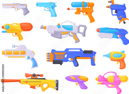 Cartoon toy guns. Futuristic plastic weapon for children games, water gun plasma blaster of space aliens laser ray pistol arms raygun, kid hero equipment neat vector illustration