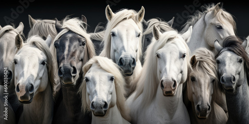 Close-up of many black and white horse heads