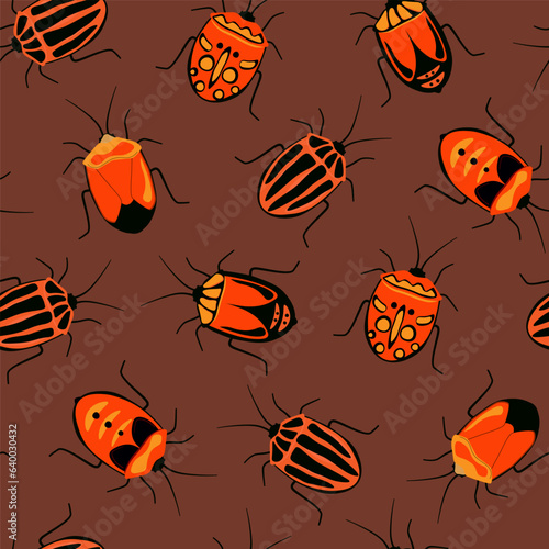 Seamless pattern with different bright beautiful beetles. Vector graphics. © Ирина Горбунова