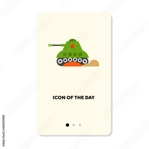 Under attack flat icon. History cartoon green tank isolated vector sign. Military and equipment concept. Vector illustration symbol elements for web design and apps