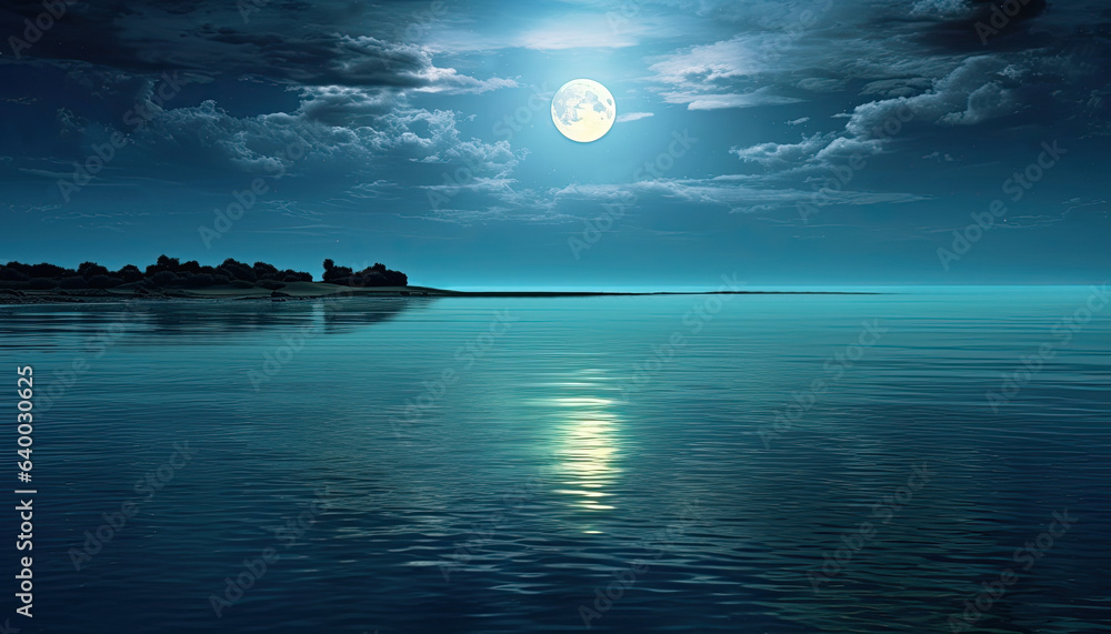 Night sky with full moon over water. - obrazy, fototapety, plakaty 