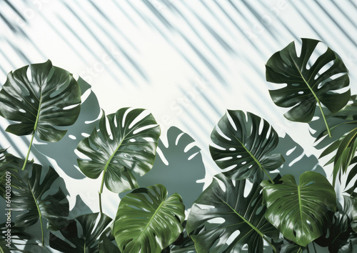 Monstera leaves in the sunlight on a pastel pale wall background  casting dappled shadows  in a plantcore interior design minimalist style