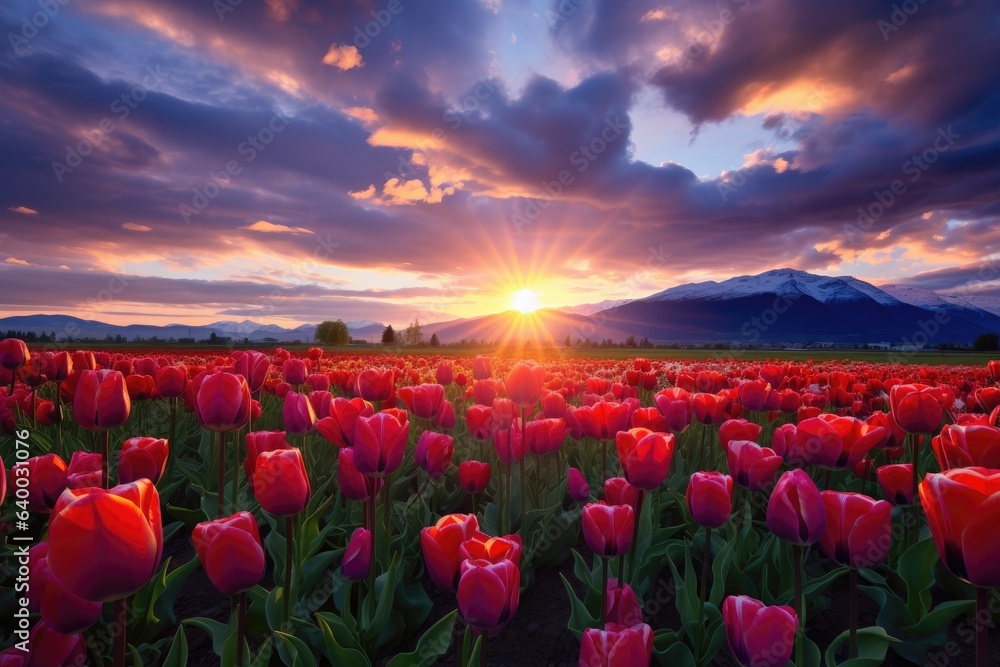 vast field of blooming tulips flowers at sunset or sunrise in a symphony of colors, Stunning Scenic World Landscape Wallpaper Background