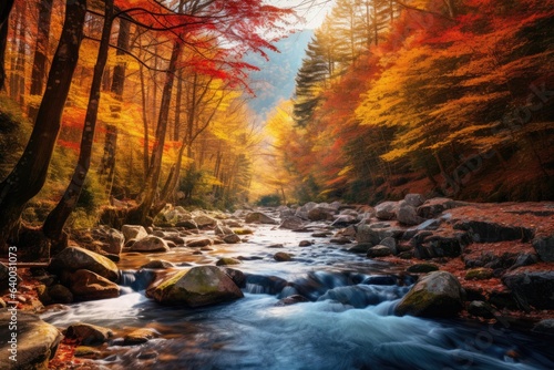 tranquil river winding through a colorful autumn forest   Stunning Scenic World Landscape Wallpaper Background