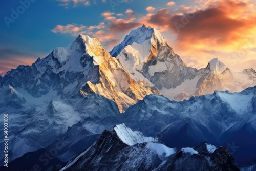 view of a snow-capped mountain range from a high vantage point, everest, paramount, k2, swiss alps, Stunning Scenic World Landscape Wallpaper Background © Distinctive Images