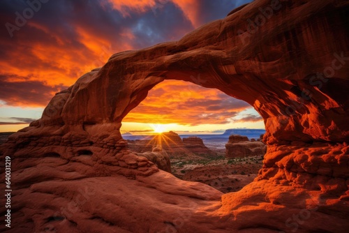 A breathtaking view of a natural delicate red rock arch against a vibrant sunset sky, Stunning Scenic World Landscape Wallpaper Background