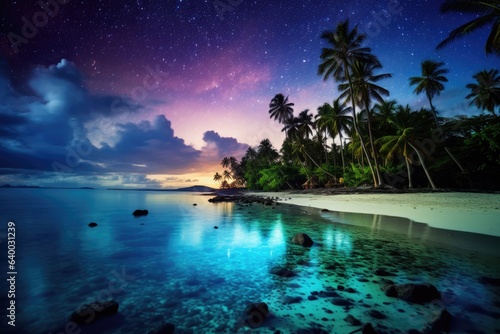 A tropical caribbean beach with a starry night sky and Milky Way visible overhead  Stunning Scenic World Landscape Wallpaper Background