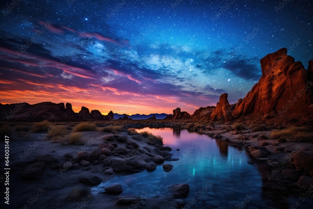 A beautiful desert landscape with pool of water at night with a starry night sky and Milky Way visible overhead right after sunset, Stunning Scenic World Landscape Wallpaper Background
