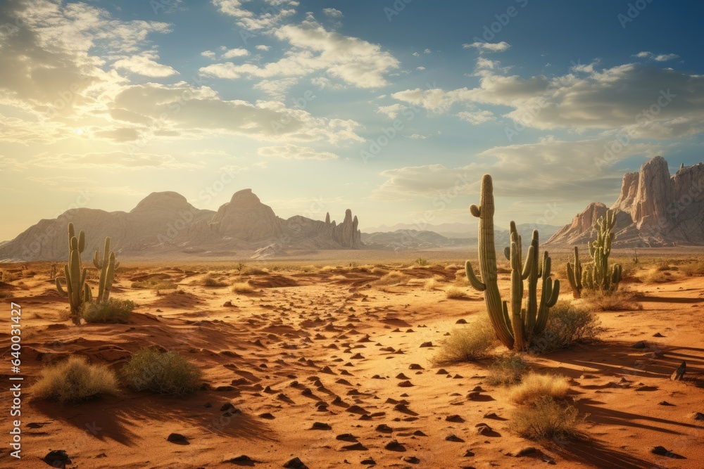 A rugged desert landscape with sand dunes with cactus and cacti as found in the old west, Stunning Scenic World Landscape Wallpaper Background - obrazy, fototapety, plakaty 