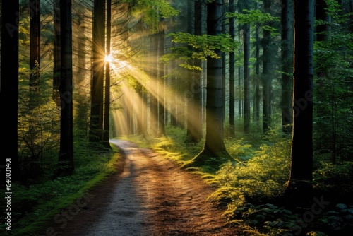 A tranquil forest pathway with rays of sunlight filtering through the trees, Stunning Scenic World Landscape Wallpaper Background