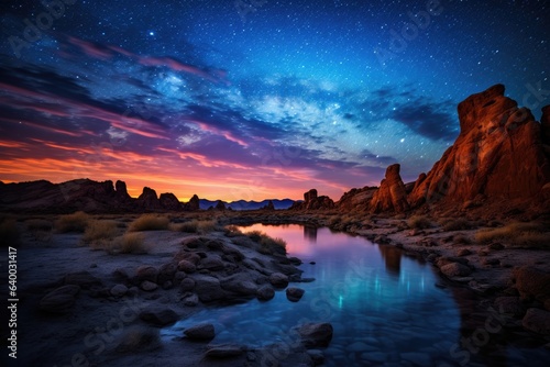 A beautiful desert landscape with pool of water at night with a starry night sky and Milky Way visible overhead right after sunset, Stunning Scenic World Landscape Wallpaper Background