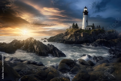 A serene coastal scene with a lighthouse during sunrise or sunset with brewing storm clouds, Stunning Scenic World Landscape Wallpaper Background
