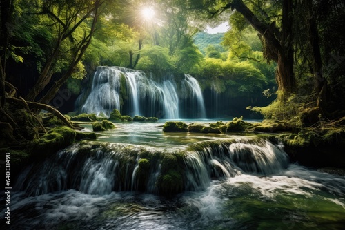 A majestic waterfall surrounded by lush green vegetation and moss-covered rocks  Stunning Scenic World Landscape Wallpaper Background
