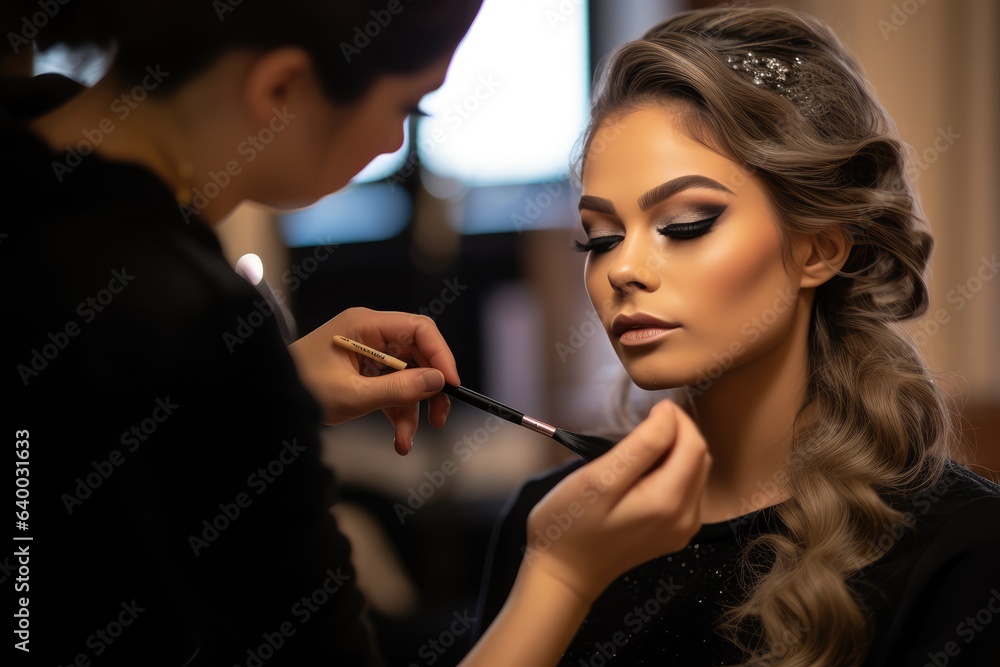 Fotografie Makeup artist applying makeup and eyeshadow to a model