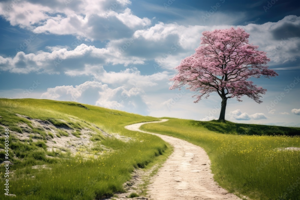 A spring landscape with a single tree as the focal point and a windy dirt road, Stunning Scenic World Landscape Wallpaper Background A spring landscape with a single tree as the focal point and a windy dirt road, Stunning Scenic World Landscape Wallpaper Background