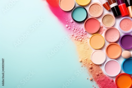 Foto Various makeup products in a colorful background