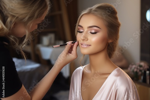 Makeup artist applying makeup and eyeshadow to a model