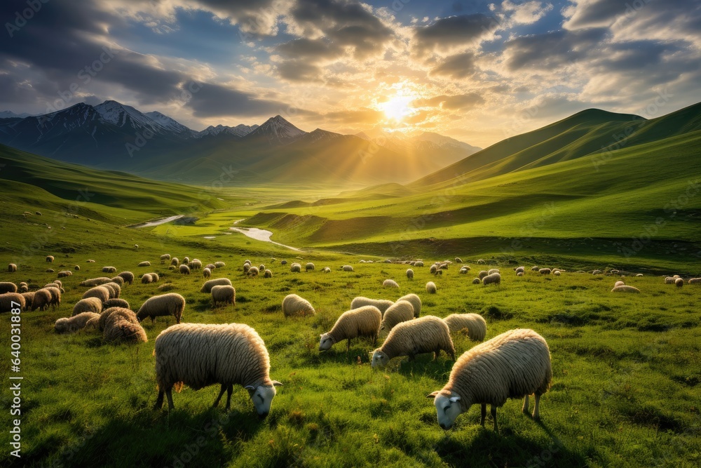 Fototapeta premium a peaceful meadow with grazing sheep and animals in Ireland at Sunset, Stunning Scenic World Landscape Wallpaper Background