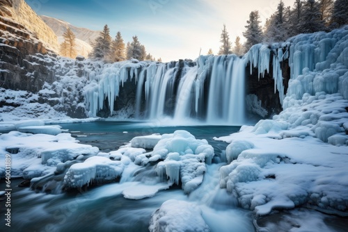 Frozen river waterfall in winter, Stunning Scenic World Landscape Wallpaper Background