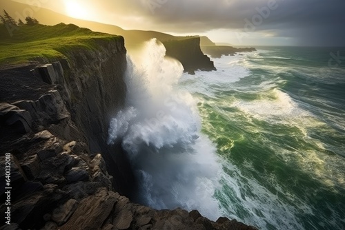 A dramatic coastal cliff with crashing waves on the coast of Ireland, Stunning Scenic World Landscape Wallpaper Background