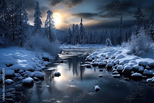a partially frozen river covered by fresh fallen snow at night with a full moon during winter, Stunning Scenic World Landscape Wallpaper Background