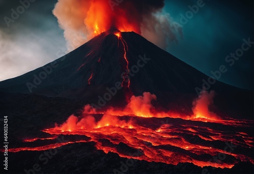 Volcano eruption with lava - concept background, natural disaster, fiery flow © ibreakstock