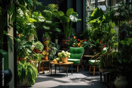 Lots of beautiful green lush indoor plants on the terrace