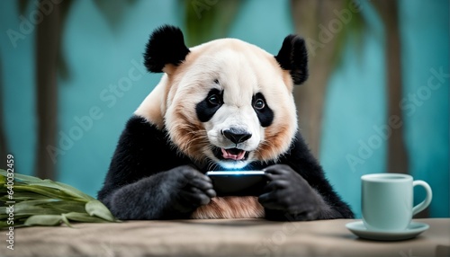 Happy smiling panda with mobile phone - portrait of bear posing and looking directly into camera on isolated yellow background