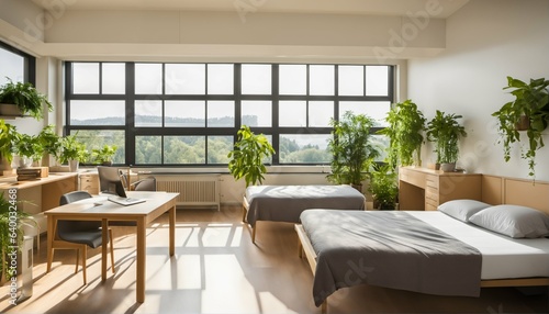Bright and simple room for two students in student dormitory