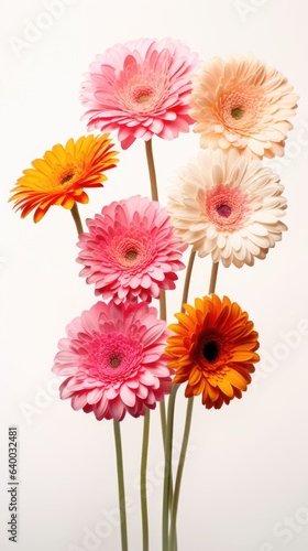 A group of flowers in a vase on a table. Digital image.