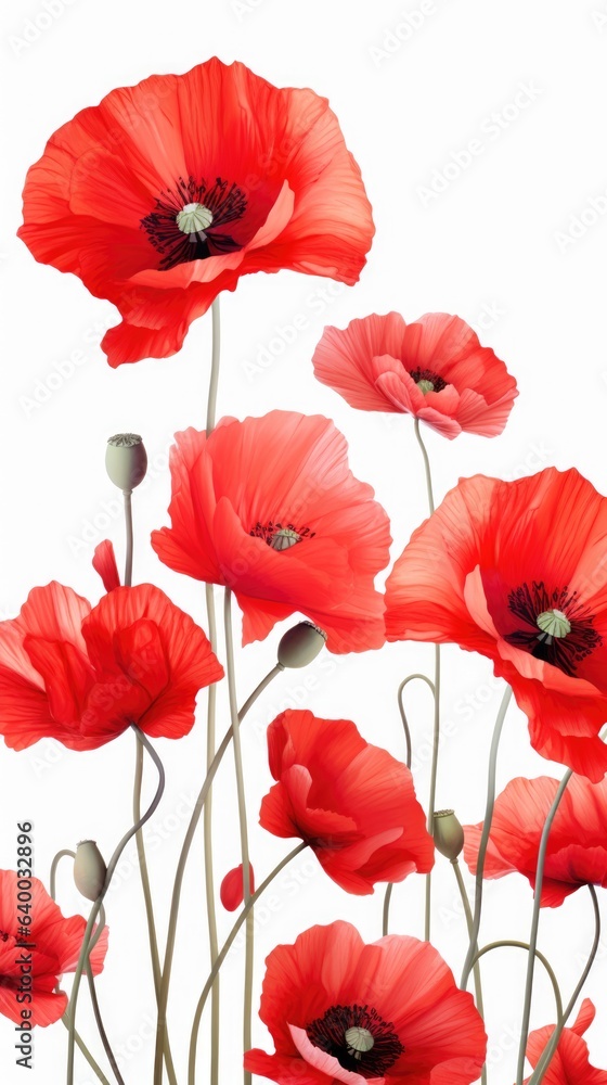Obraz premium A bunch of red poppies on a white background. Digital image.